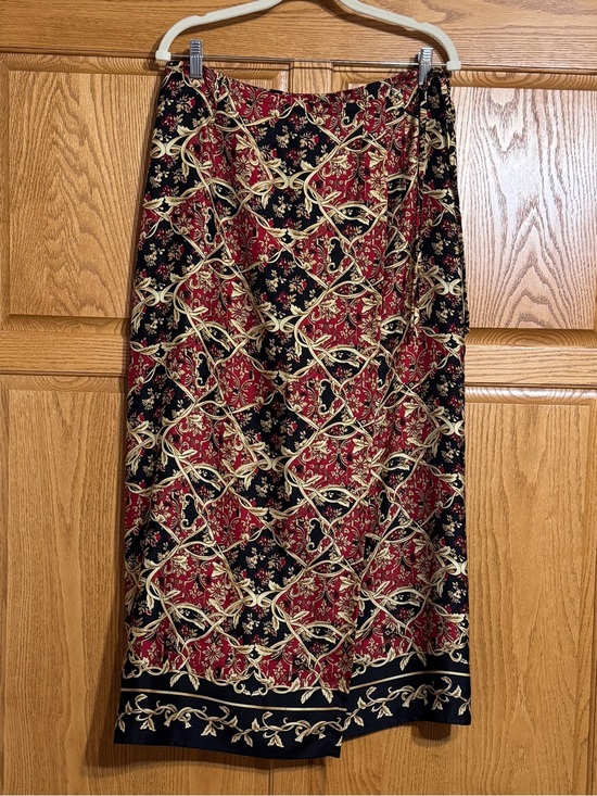 Liz Claiborne Dresses & Skirts - Liz Claiborne Collection 100% Silk Maxi Wrap Skirt Sz 12 Baroque Ribbon Print